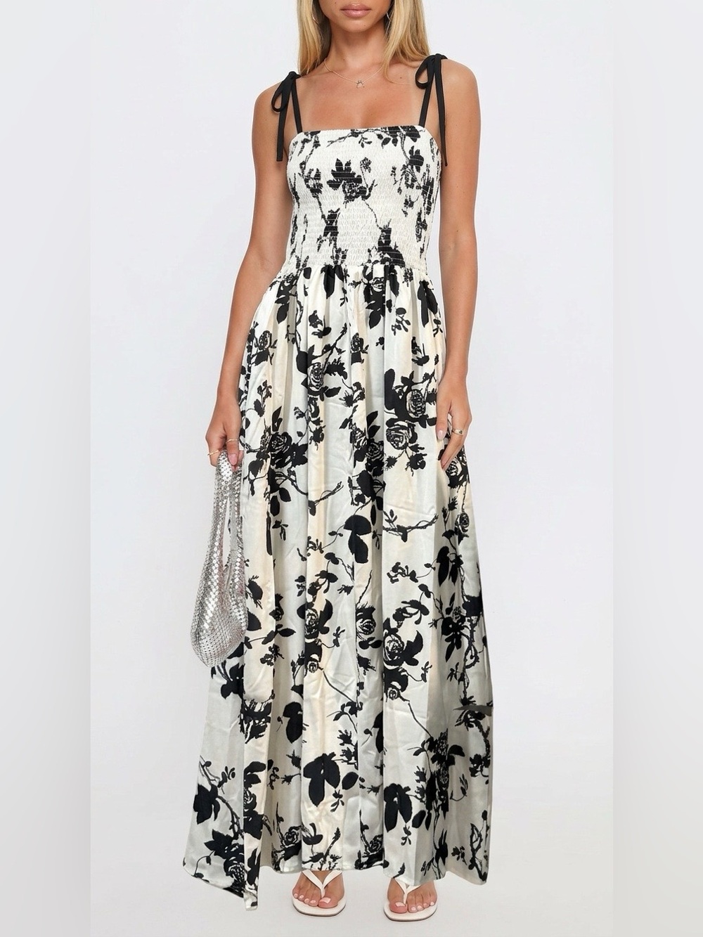 Black & White Floral Maxi Dress with Tie Straps